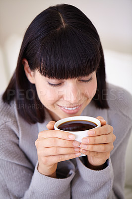 Buy stock photo Morning, relax and woman on coffee break in home to with smile from happiness of latte. Female person, peace and tea cup for girl in apartment for enjoying, espresso and cozy in house with dink