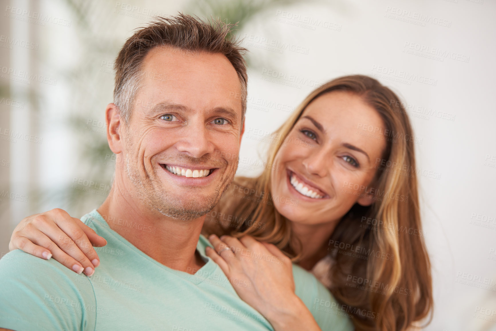 Buy stock photo Portrait, love and couple with romance, hug and happiness with bonding, loving and affection. Face, man or woman embrace, quality time and partnership with joy, romantic or cheerful with relationship