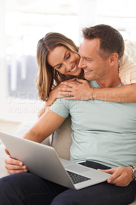 Buy stock photo Laptop, hug and happy couple with home internet for online support, website review or planning marriage together.  Affection, love and relax and mature woman, partner or people on computer technology