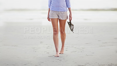 Buy stock photo Legs, walking and beach relax for vacation for holiday weekend or tropical island, summer or wellness. Person, barefoot and sand at Florida ocean for explore adventure or peaceful, resting or calm