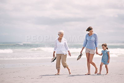 Buy stock photo Mother, child and grandmother on beach holding hands for walking explore for holiday, vacation or environment. Family, woman and travel seaside in Australia for weekend bonding, peace or adventure