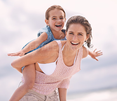 Buy stock photo Mother, child and piggyback, flying on beach for bonding and love, travel and vacation in Mexico. Happy, care and trust, woman and daughter playing game with airplane and family outdoor in portrait