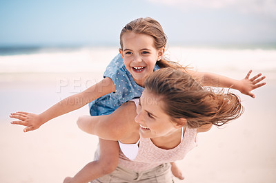 Buy stock photo Mother, child and piggyback, airplane on the beach for bonding and love, travel and vacation in Mexico. Happiness, care and trust, woman and daughter playing game with flying and family time outdoor