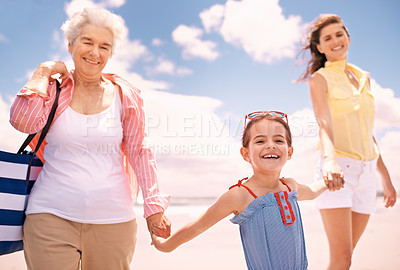 Buy stock photo Mother, child and grandmother or holding hands on beach as portrait for generation love, bonding or vacation. Female people, face and smile on seaside in Florida for holiday travel, family or outdoor