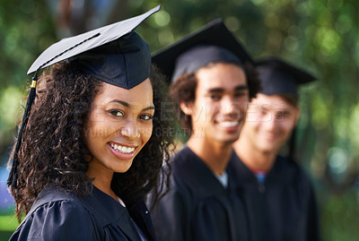 Buy stock photo Portrait of a diverse group of students on graduation day
