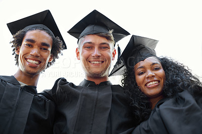 Buy stock photo Graduation, friends and portrait of students at university for learning, studying and knowledge on campus. Education, academy and men and woman hug for celebration, graduate ceremony and college