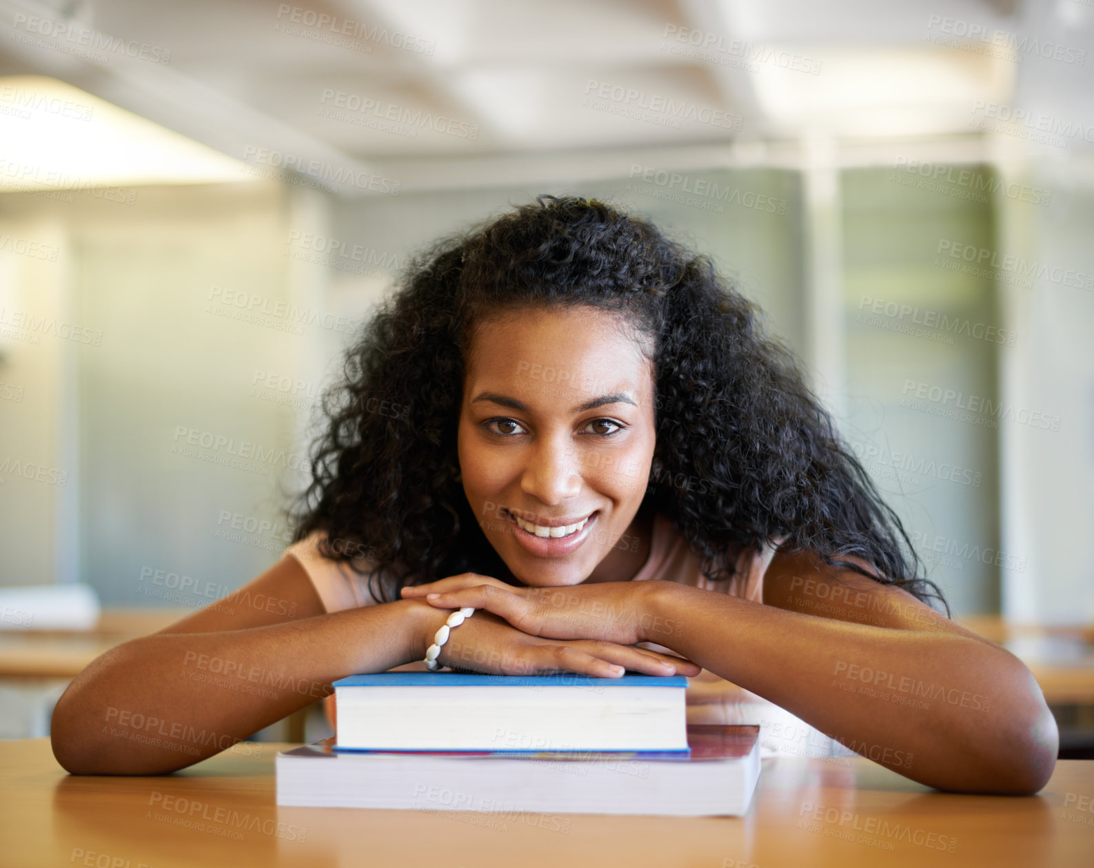 Buy stock photo Library, student and portrait of woman with books for knowledge, learning and studying at college. University, education and person with textbook for literature, research and information at academy