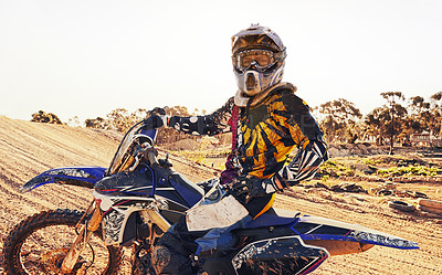 Buy stock photo Helmet, race and man on dirt bike in desert with adventure, adrenaline or speed in competition, Extreme sport, trick and athlete on off road motorcycle for challenge, power or danger on action course