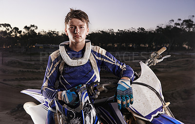 Buy stock photo Sport, portrait and man with off road motorbike, confidence and gear for competition, race or challenge. Adventure, adrenaline and serious face of athlete on extreme course with dirt bike in evening