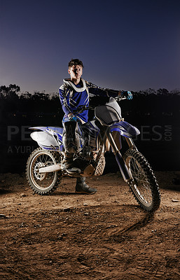 Buy stock photo Sport, portrait and man with dirt bike, extreme confidence and gear for competition, race or challenge. Adventure, adrenaline and serious face of athlete on course with off road motorcycle in evening