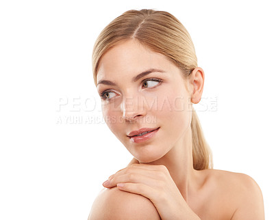 Buy stock photo Beauty, skincare and face of woman in studio with cosmetics, confidence and natural facial glow. Dermatology, healthy skin and girl on white background with luxury treatment, self care and wellness.