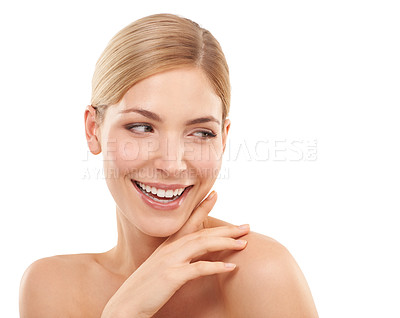Buy stock photo Cropped studio shot of a beautiful woman touching her face