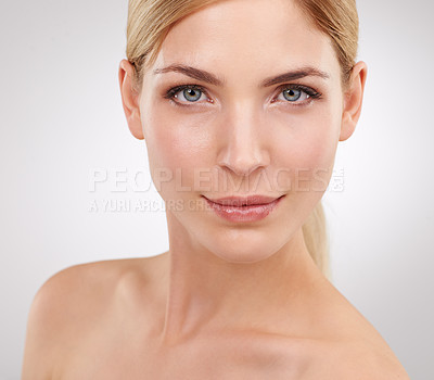 Buy stock photo Beauty, cosmetics and portrait of woman with luxury care, confidence and natural facial in studio. Dermatology, healthy skin and face of girl on white background with skincare, glow and wellness.