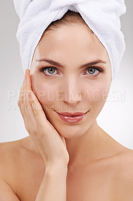 Buy stock photo Cosmetics, skincare and portrait of woman with towel, glow and getting ready in studio. Dermatology, healthy skin and girl on white background with luxury facial, morning routine and natural beauty.