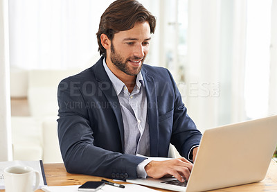 Buy stock photo Desk, laptop and businessman typing report, email or market research with financial analyst in office. Consultant, business advisor or man with computer, writing online review and feedback at startup