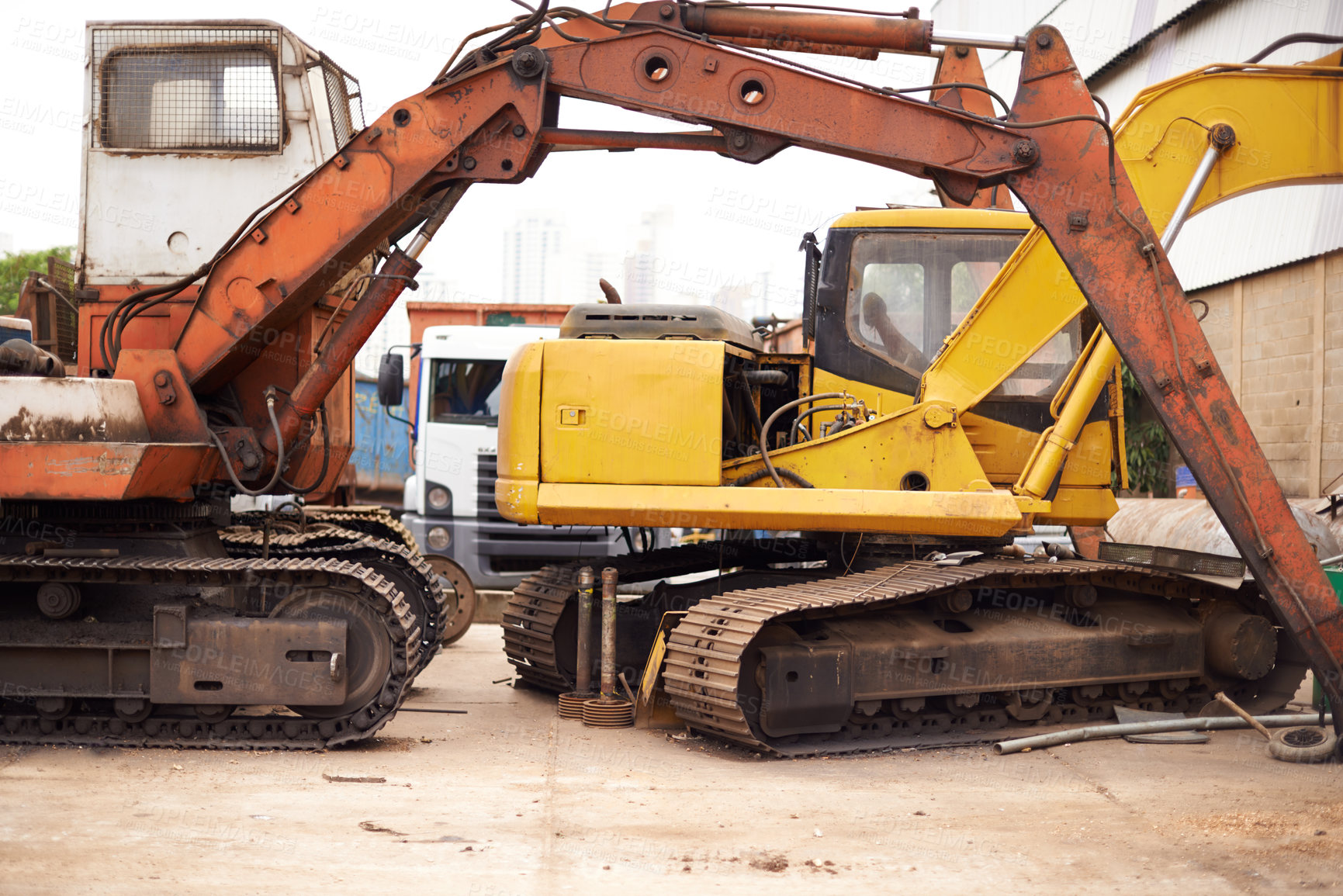 Buy stock photo Crane, machine and industry with vehicle, track and transportation for driving with manufacturing. Construction, tractor and outdoor in junkyard, plant and moving for steel industry in environment