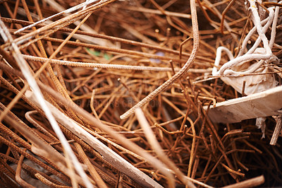 Buy stock photo Rust, metal and wire in junkyard with recycling for construction, building or industrial maintenance. Environment, iron and cable with disposal in landfill, scrapyard or manufacturing plant for trash