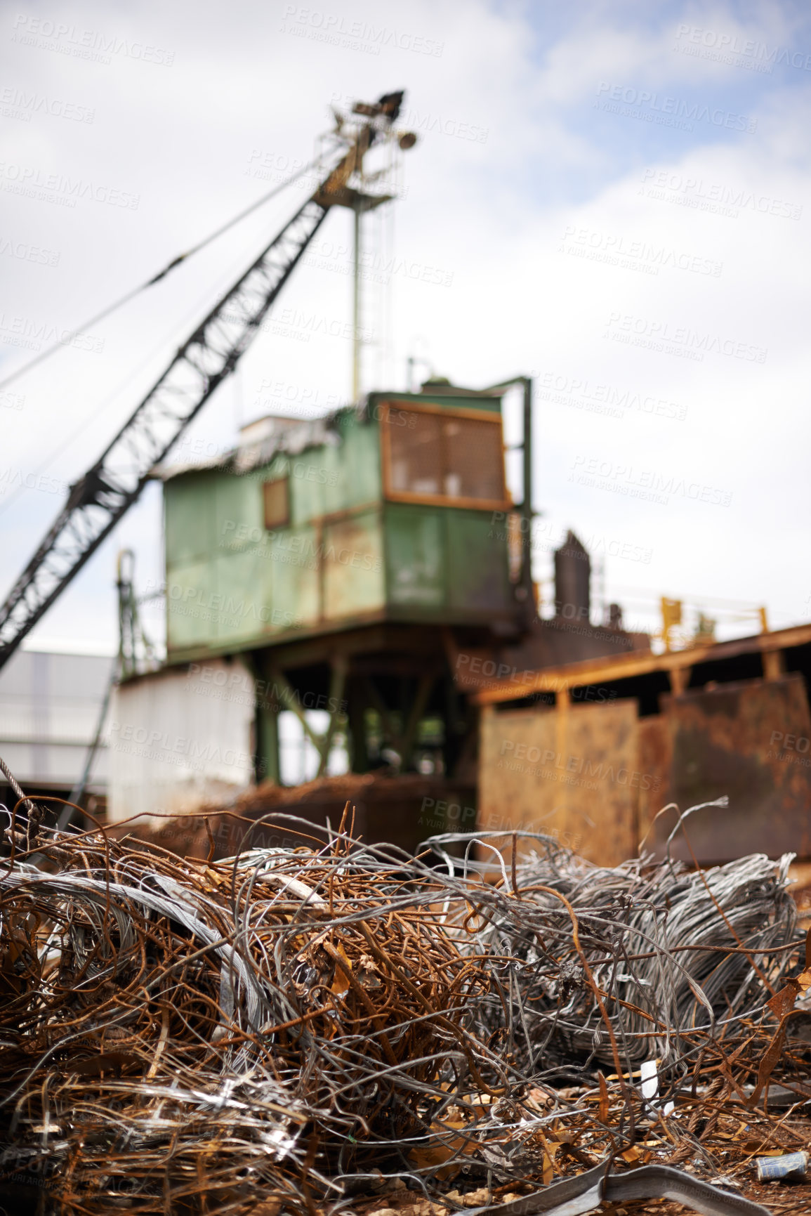 Buy stock photo Crane, machine and junkyard for moving metal with sustainability, manufacturing or stop pollution. Vehicle, tractor and outdoor in scrapyard, plant or ecology for iron, steel industry and environment