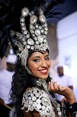 Buy stock photo Carnival, dancer and portrait of woman in costume for festival, celebration and holiday party. Festive, samba and person in masquerade outfit for performance, culture and concert in Rio de Janeiro
