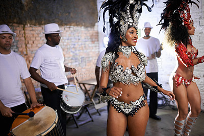 Buy stock photo Stage, dance and women at carnival with costume for celebration, music culture and happy band performance in Brazil. Samba, party and friends at festival, parade or show in Rio de Janeiro with smile.