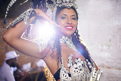Buy stock photo Culture, dance and portrait of woman at carnival with costume for celebration, music and happy performance in Brazil. Samba, party and girl at festival, parade or show in Rio de Janeiro with smile.