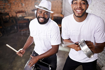 Buy stock photo Happy, band and music on drums for carnival, festival or creative performance at party in Brazil. Night, club and portrait of musician with instrument for playing samba or salsa beat with rhythm
