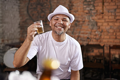 Buy stock photo Smile, restaurant and portrait of man with beer for celebration, cheers and toast to weekend. Black person, glass and alcohol with happiness for pub, drink and enjoyment on vacation in Las Vegas