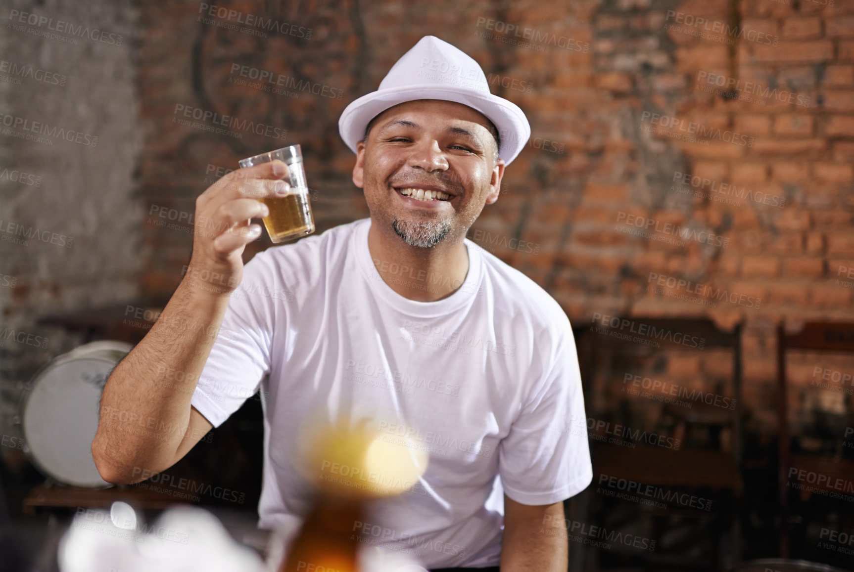 Buy stock photo Smile, restaurant and portrait of man with beer for celebration, cheers and toast to weekend. Black person, glass and alcohol with happiness for pub, drink and enjoyment on vacation in Las Vegas