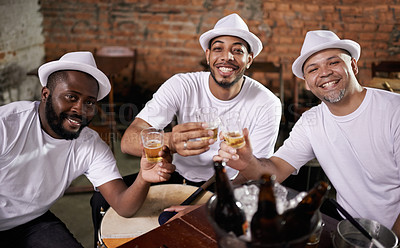 Buy stock photo Men, friends and toast with beer in portrait at pub for good luck with smile, bonding or party with alcohol. Group, people and happy with bottle, glasses and cheers at social event in Rio de Janeiro