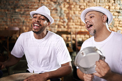 Buy stock photo Happy, band and music on drums for carnival, festival or creative performance at party in Brazil. Night, club and musician singing with instrument for playing samba or salsa beat with rhythm