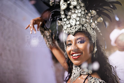 Buy stock photo Carnival, dancer and portrait of woman at festival, event or samba in Brazil for summer celebration of culture. Salsa, dancer and creative fashion with happiness from music or people at club or party