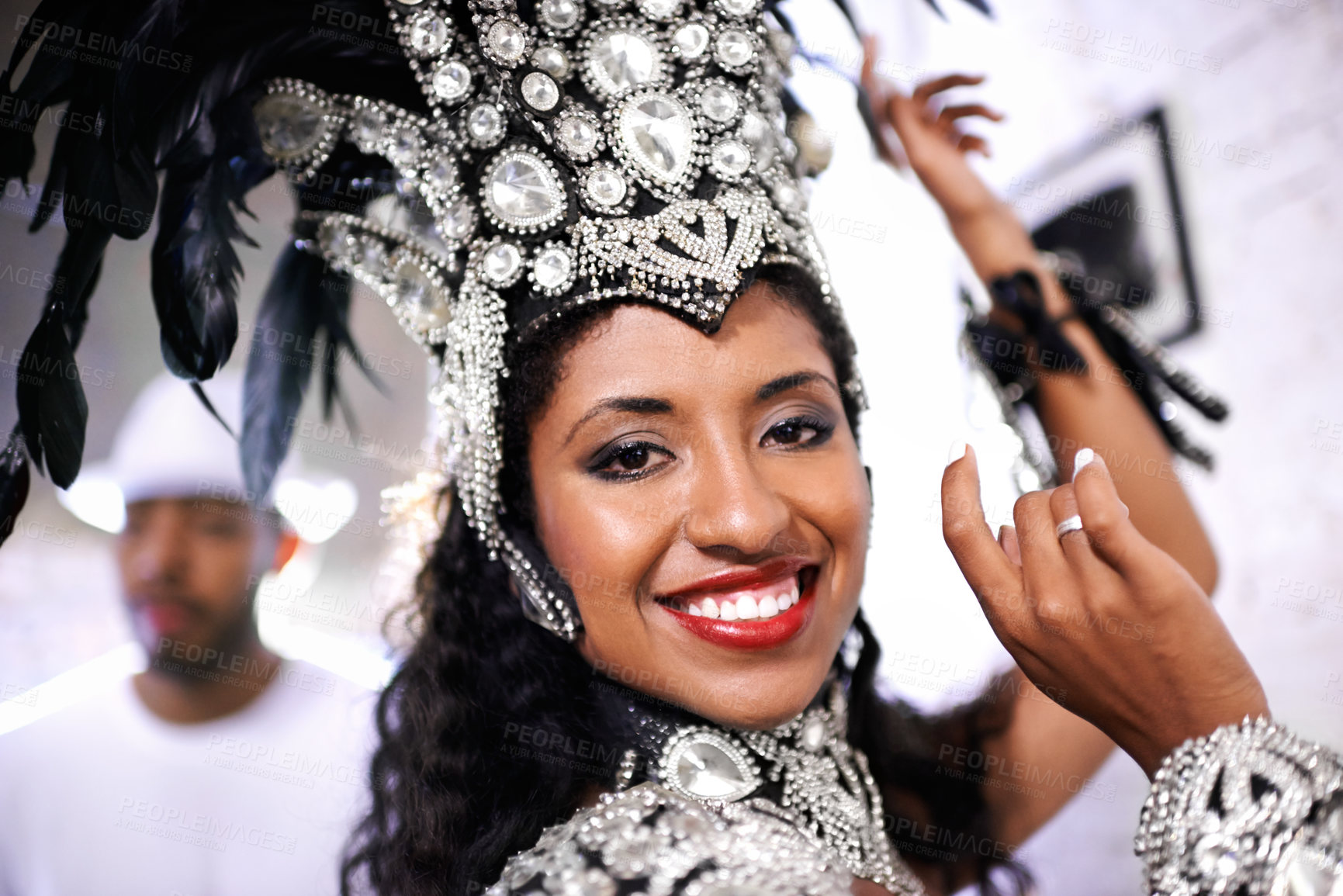 Buy stock photo Portrait, dance and woman at carnival with costume for celebration, music and happy band performance in Brazil. Culture, party and girl in festival, parade or samba show in Rio de Janeiro with smile.