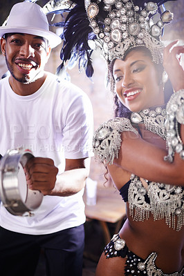 Buy stock photo Dancer, carnival and woman with performance, drums or band for culture in group, music or concert in night. Girl, man and portrait for dance at event, party or celebrate for history in Rio de Janeiro