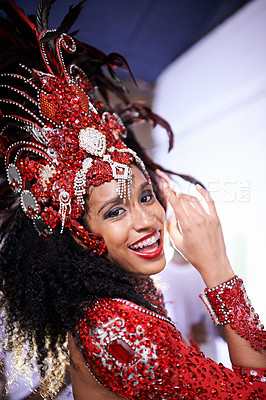 Buy stock photo Samba, portrait and woman at carnival with costume for celebration, music and happy band performance in Brazil. Culture, dance party and girl at festival, parade or show in Rio de Janeiro with smile.