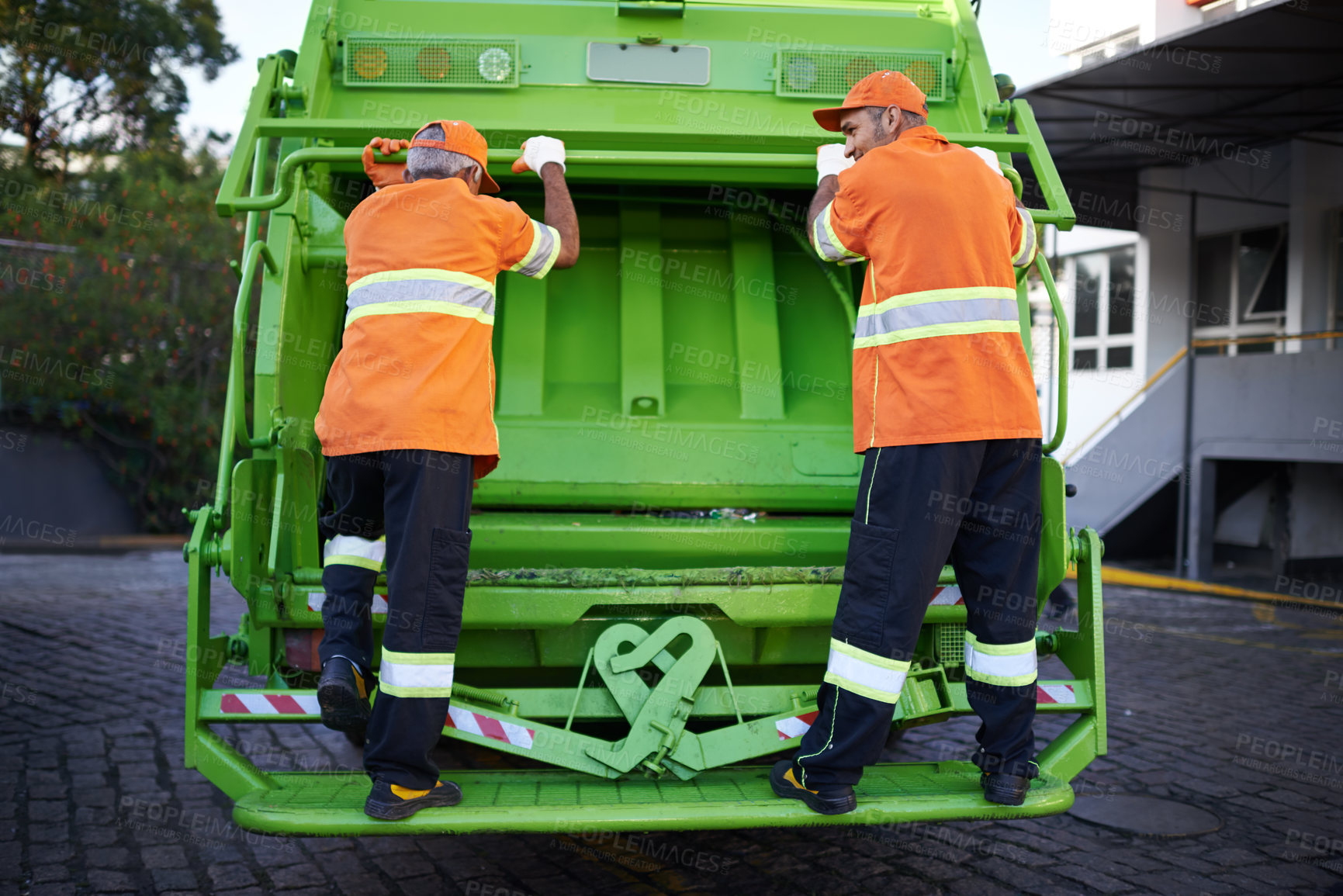 Buy stock photo Worker, garbage truck and collection service on street or public environment with teamwork or junk, recycling or waste management. Uniform, maintenance and New York dirt, transportation or sanitation