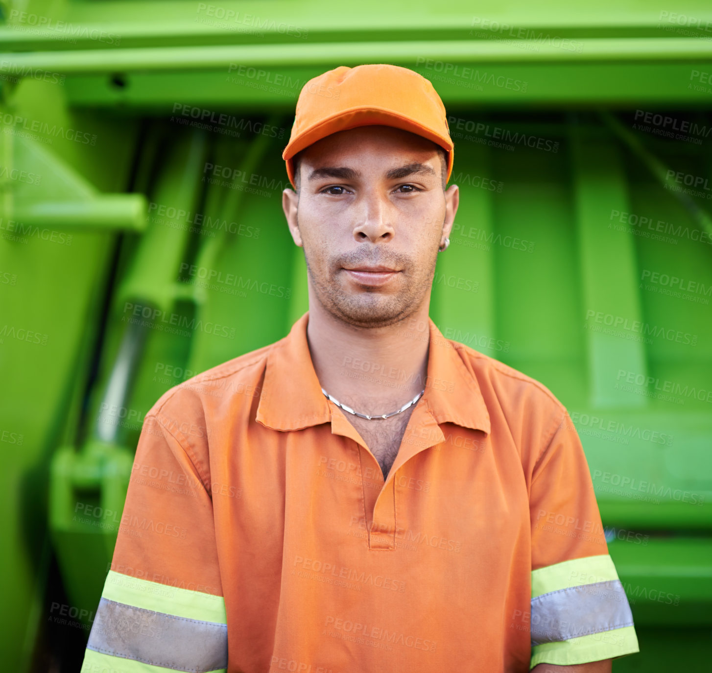 Buy stock photo Portrait, man and worker with garbage truck for trash collection in outdoor city street. Industry, maintenance and face of male person in uniform for dirt, rubbish or disposal service in town road.