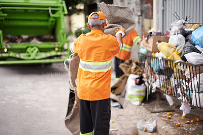 Buy stock photo Man, garbage truck and trash collection on street for waste management in city for recycling plastic, junk or sanitation. Male person, uniform and dirt transportation in New York, pollution or mess