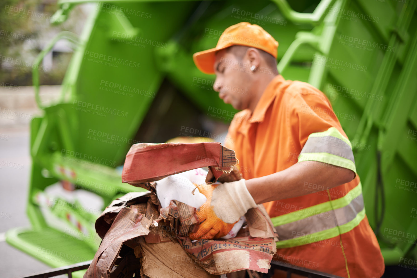 Buy stock photo Man, garbage truck and waste collection on street or recycling pollution for dirt management, cleaning or environment. Male person, trash and refuse transportation in New York, service or maintenance