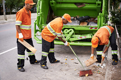 Buy stock photo Garbage truck, broom and people with collection service on street in city for public environment cleaning. Junk, recycling and men working with waste or trash for road sanitation with transport.