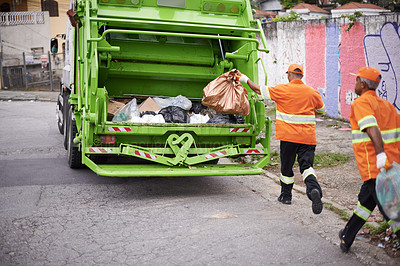 Buy stock photo Garbage truck, trash and men with collection service on street in city for public environment cleaning. Junk, recycling and male people working with waste or dirt for road sanitation with transport.