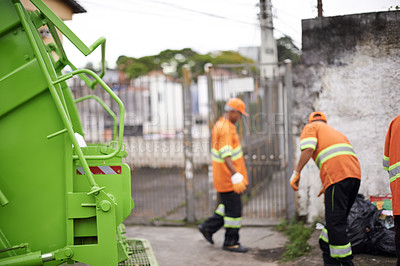 Buy stock photo Garbage truck, trash and people with collection service on street in city for public environment cleaning. Junk, recycling and men working with waste or dirt for road sanitation with transport.