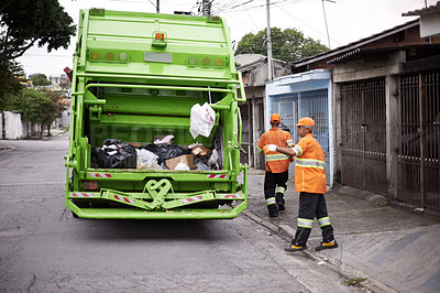 Buy stock photo Garbage truck, dirt and people with collection service on street in city for public environment cleaning. Junk, recycling and men working with waste or trash for road sanitation with transport.