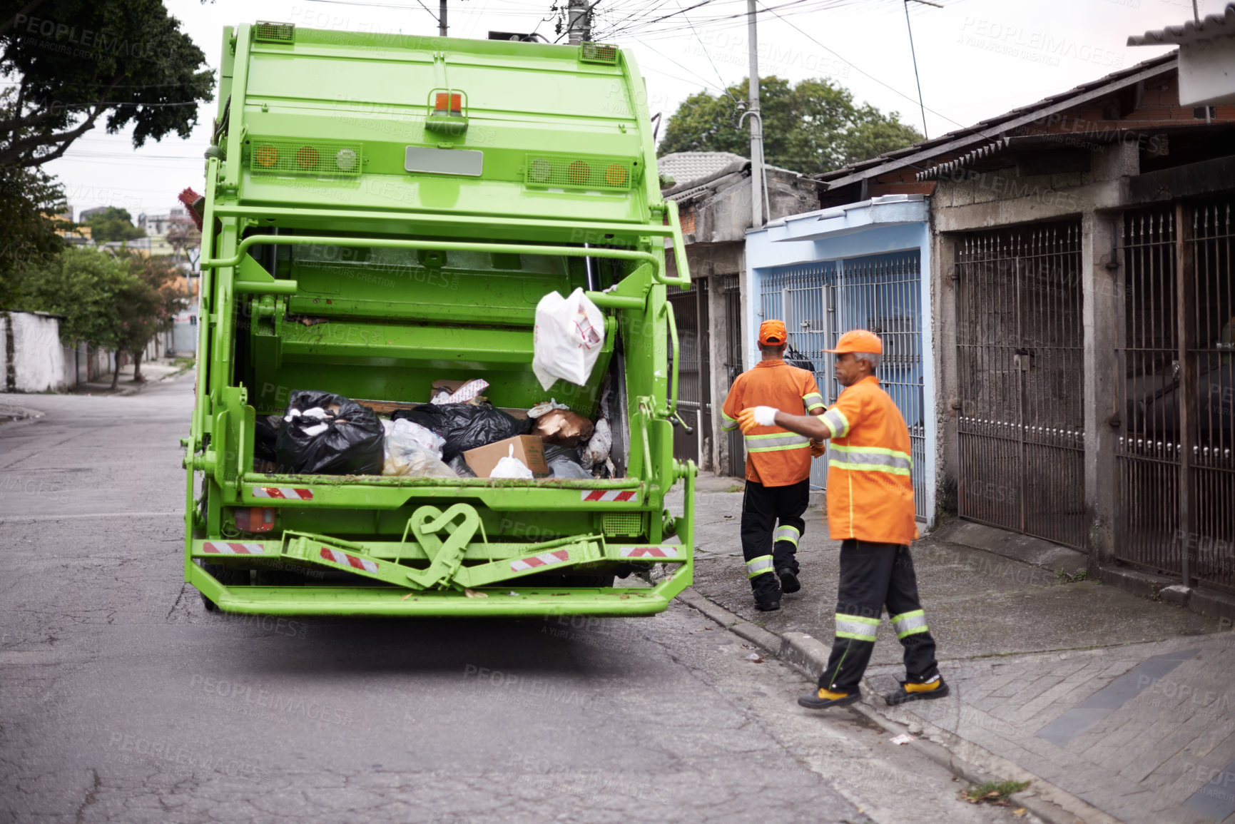 Buy stock photo Garbage truck, dirt and people with collection service on street in city for public environment cleaning. Junk, recycling and men working with waste or trash for road sanitation with transport.