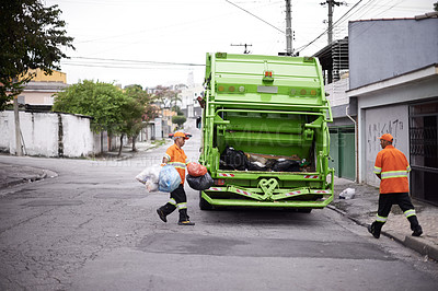 Buy stock photo Garbage truck, junk and men with collection service on street in city for public environment cleaning. Dirt, recycling and male people working with waste or trash for road sanitation with transport.