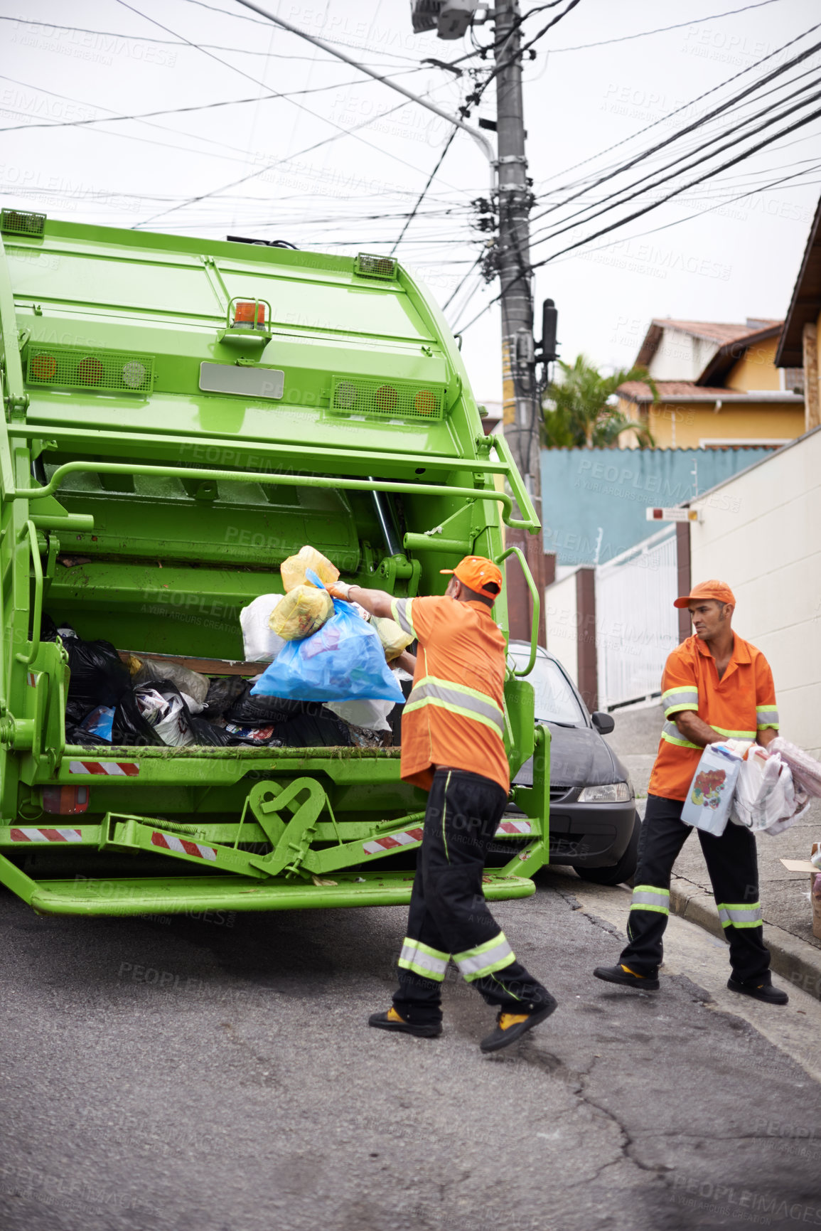 Buy stock photo Garbage truck, dirt and team with collection service on street in city for public environment cleaning. Junk, recycling and men working with waste or trash for road sanitation with transport.