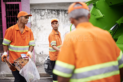 Buy stock photo Men, garbage truck and worker in group on street for cleaning, public service and recycling for ecology. People, team and employees of government with vehicle, trash and stop pollution in Cape Town