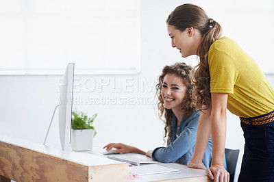 Buy stock photo Computer, happy woman or manager coaching a worker in startup or research project in digital agency. Smile, laptop or person helping, training or speaking of SEO data or online branding to employee