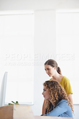 Buy stock photo Computer, women or manager training a worker in startup or research project in digital agency. Leadership, laptop or person helping, coaching or speaking of SEO data or online branding to employee