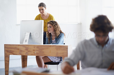 Buy stock photo Business women, computer and collaboration in office with online research and connectivity for project in writing. Teamwork, technology or professional in editing or productivity for digital magazine