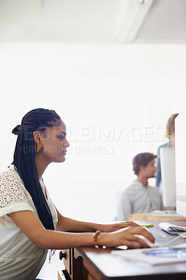 Buy stock photo Journalist, office or girl typing on computer working on email, business project or online research. Laptop, database or serious biracial woman writing blog reports or internet article with focus 